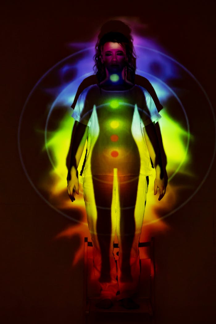gallery-2 Human silhouette with vibrant chakra energy projection, symbolizing balance and spirituality.